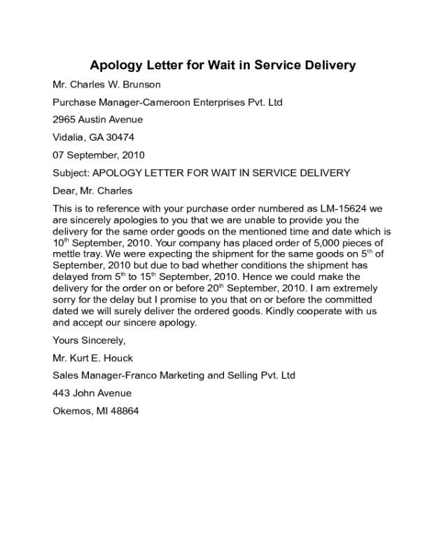 Apology Letter for Wait in Service Delivery Sample - Edit ...