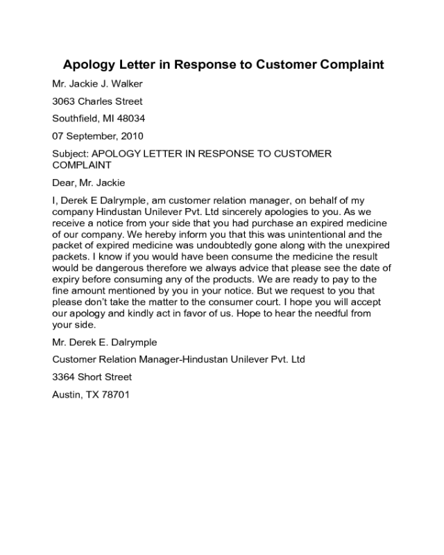 Apology Letter In Response To Customer Plaint Sample