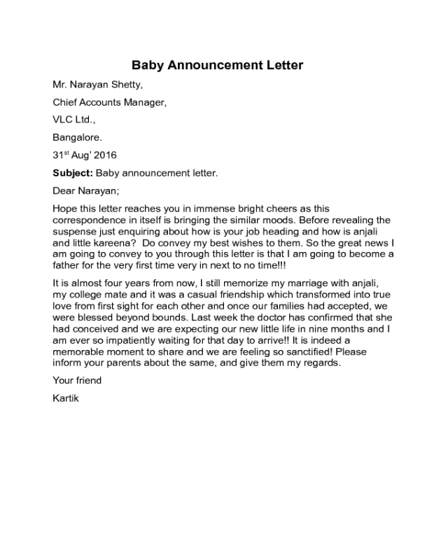 Baby Announcement Letter Sample