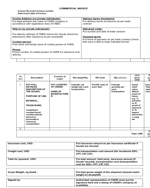 Blank Commercial Invoice Template