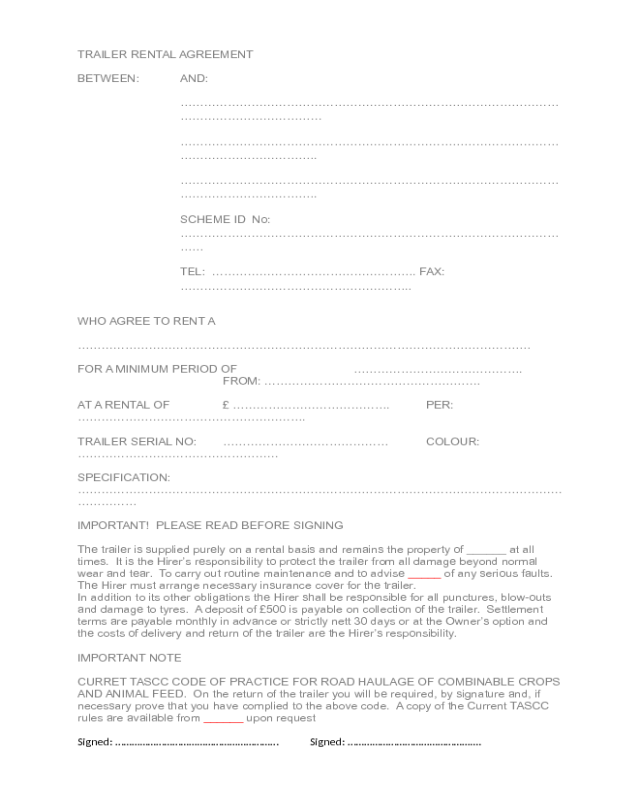 Blank Trailer Rental Agreement Template Edit, Fill, Sign Online