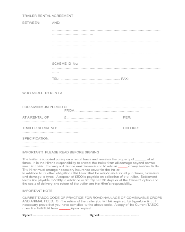 Printable Trailer Rental Agreement Template Printable Templates