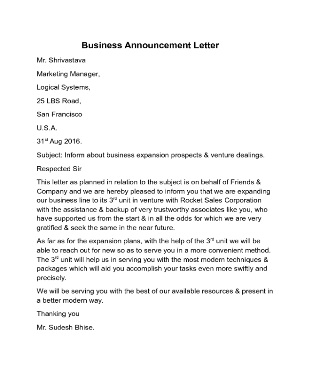 Business Announcement Letter Sample