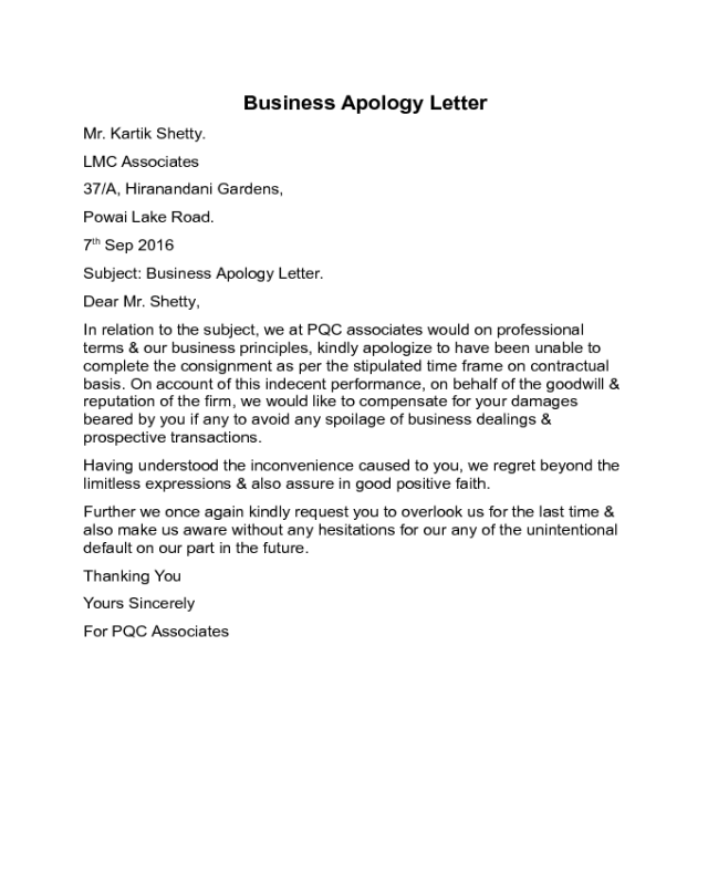 Business Apology Letter Sample
