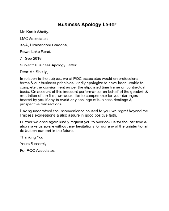 Business Apology Letter Sample - Edit, Fill, Sign Online ...