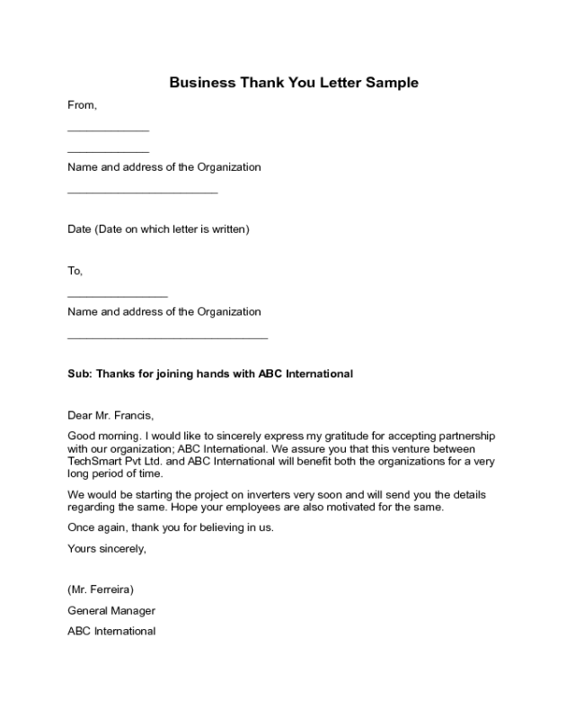 Business Thank You Letter Sample