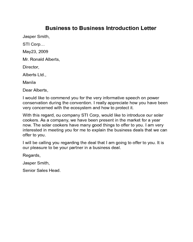 Business To Business Introduction Letter Sample