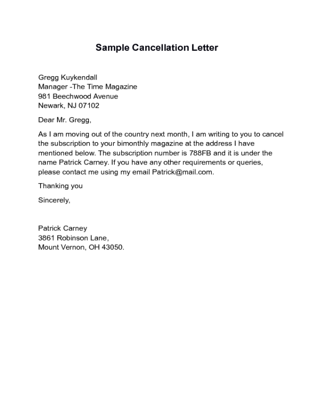 Cancellation Letter Example