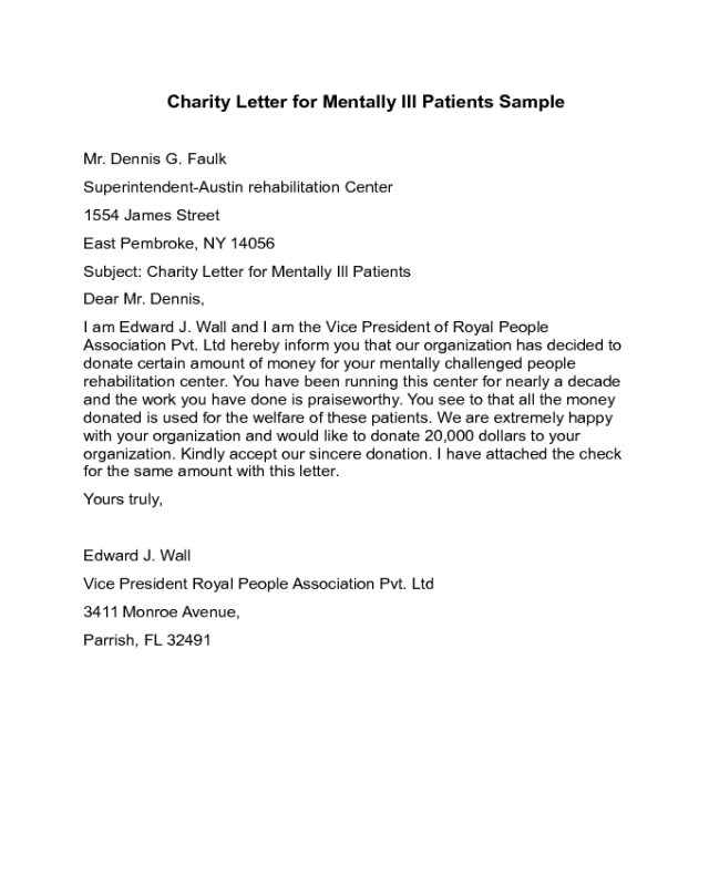 Charity Letter for Mentally Ill Patients Sample