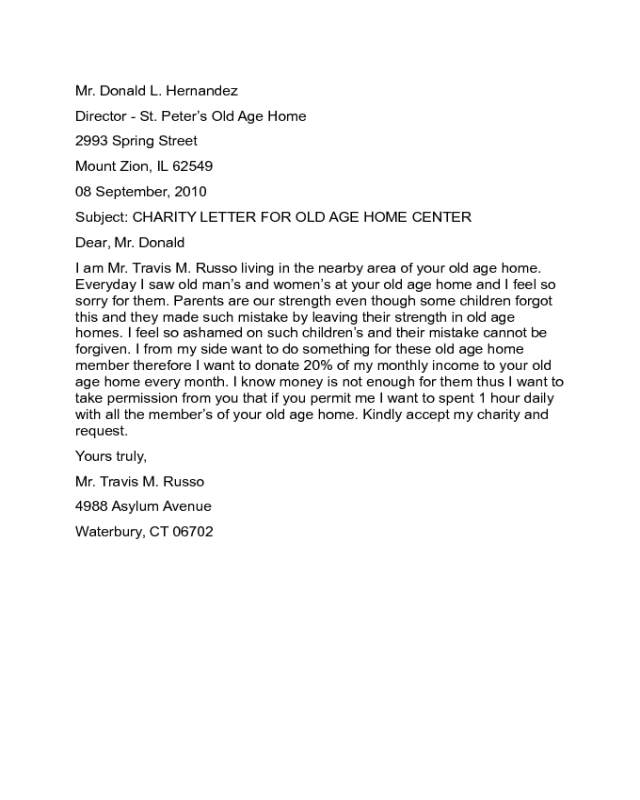 Charity Letter for Old Age Home Center Sample