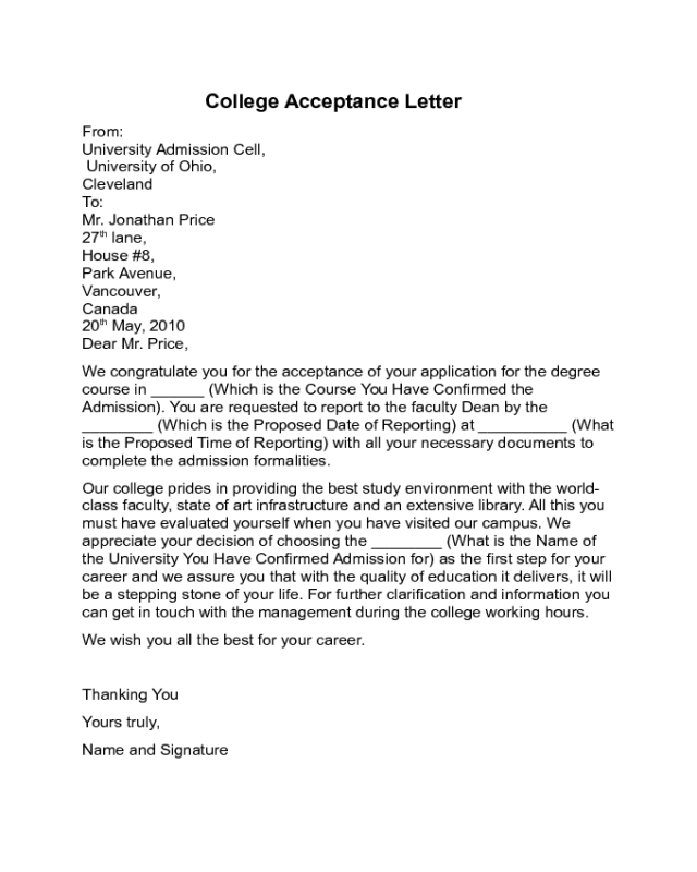 College Acceptance Letter Sample