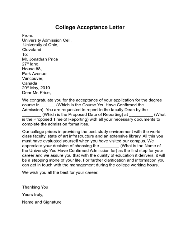 Acceptance Letter Templates Fillable Printable PDF Forms Handypdf