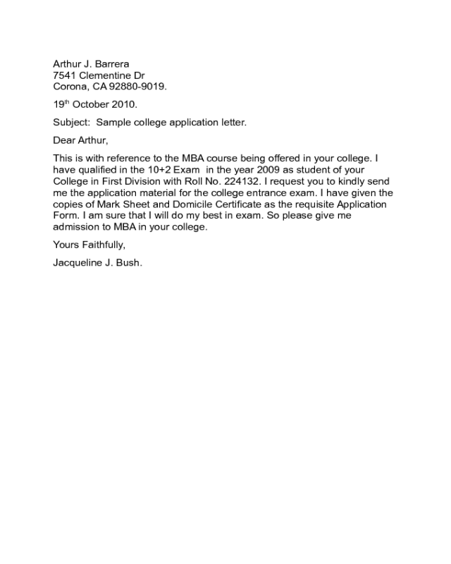College Application Letter Sample Edit Fill Sign Online Handypdf