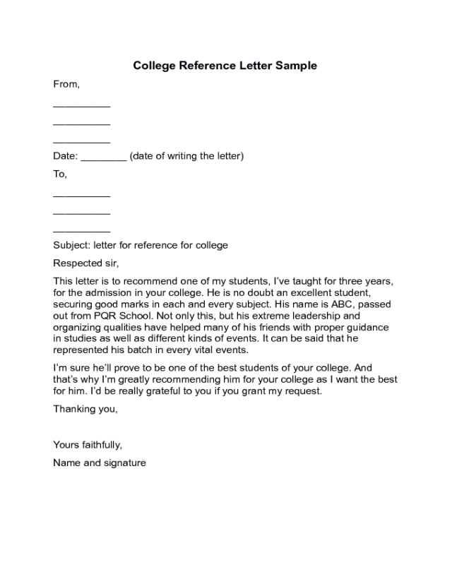 College Reference Letter Sample