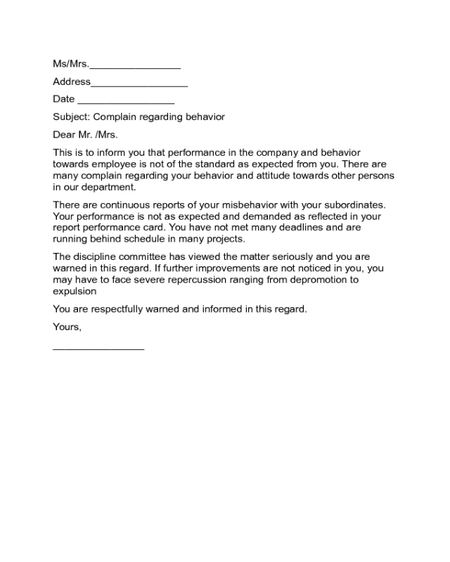 Complain Letter to a Subordinate Sample
