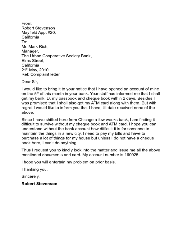 Complaint Letter to Bank Sample