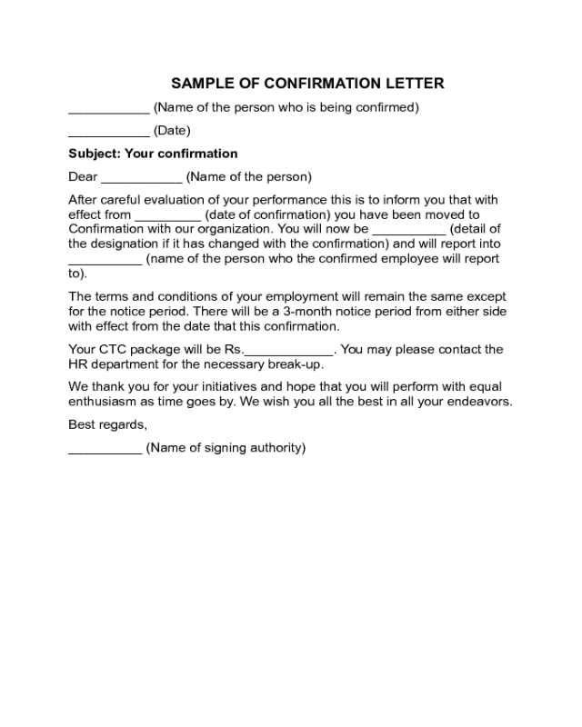 Confirmation Letter - Confirmation Letter Sample
