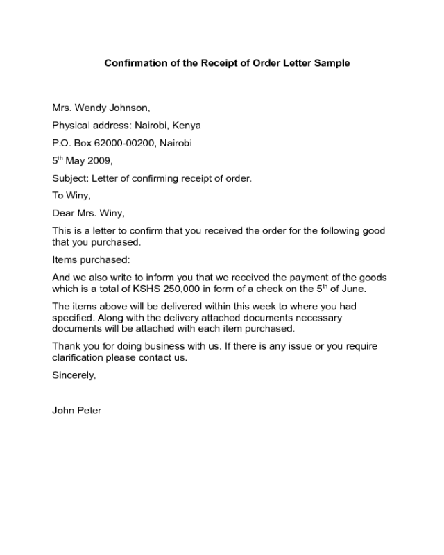 Confirmation of The Receipt of Order Letter Sample