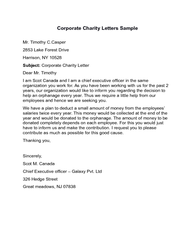 Corporate Charity Letter Sample