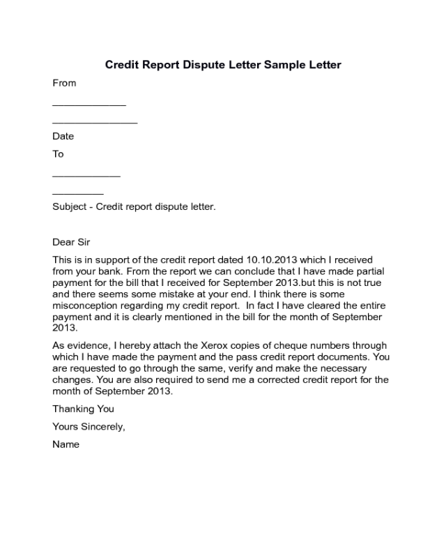 Credit Report Dispute Letter Sample