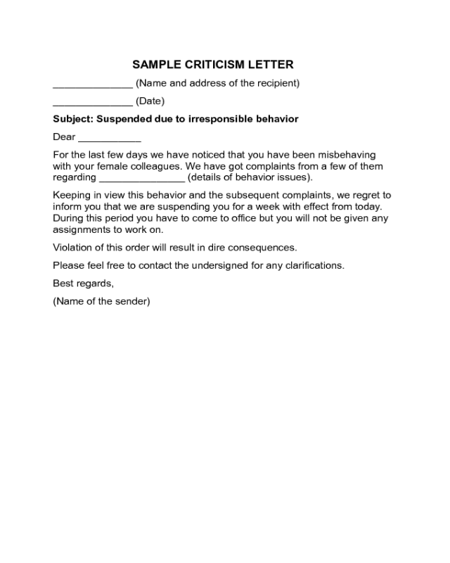 Criticism Letter Sample
