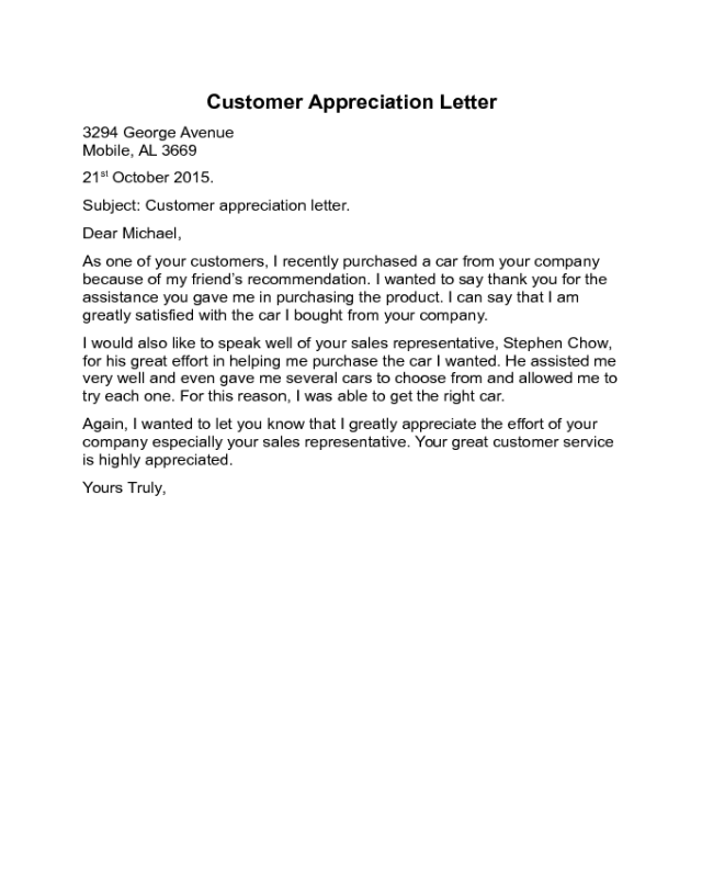 Customer Appreciation Letter Sample