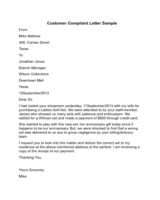 Customer Complaint Letter Sample