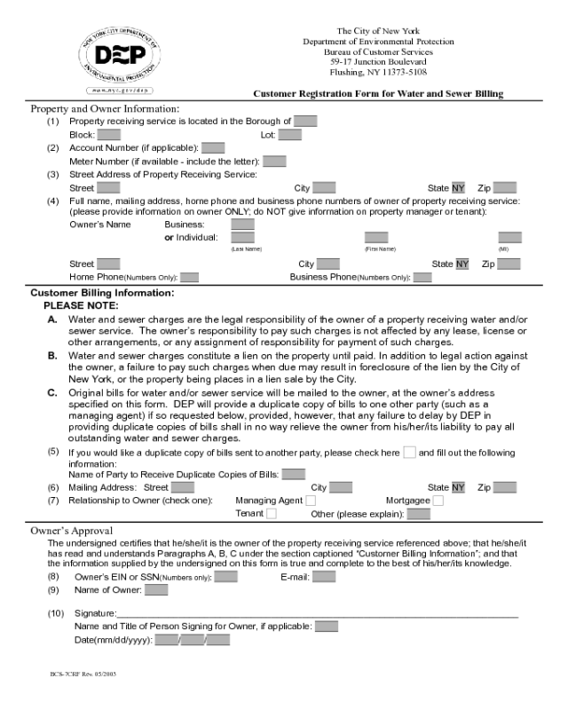 Customer Registration Form for Water and Sewer Billing