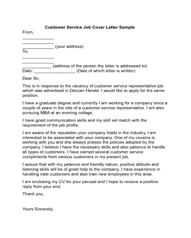 Customer Service Job Cover Letter Sample