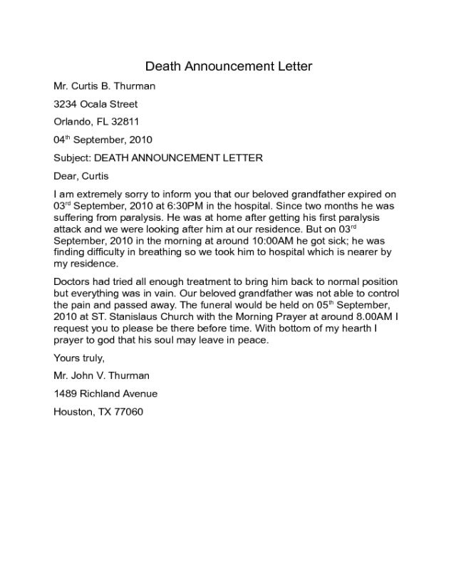Death Announcement Letter Sample