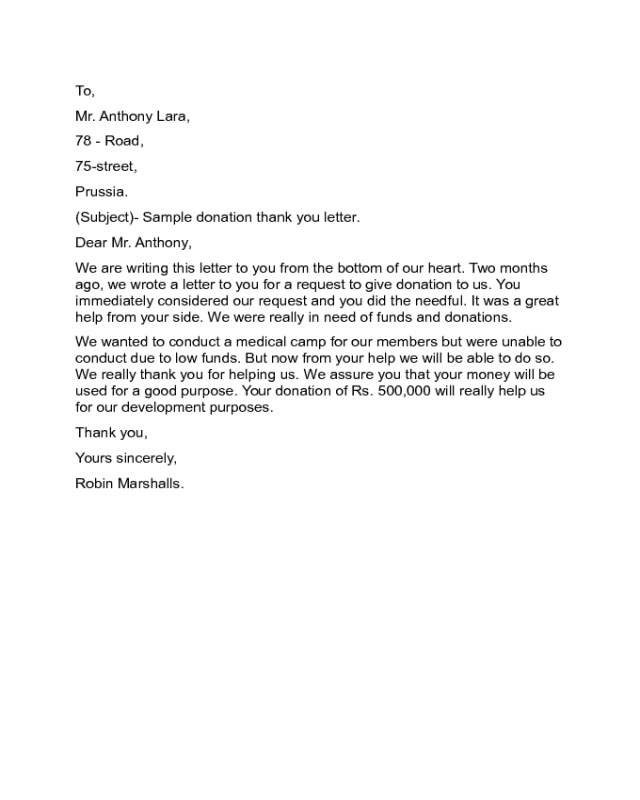 Donation Thank You Letter Sample Edit, Fill, Sign Online Handypdf