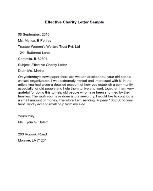 example cover letter for charity job