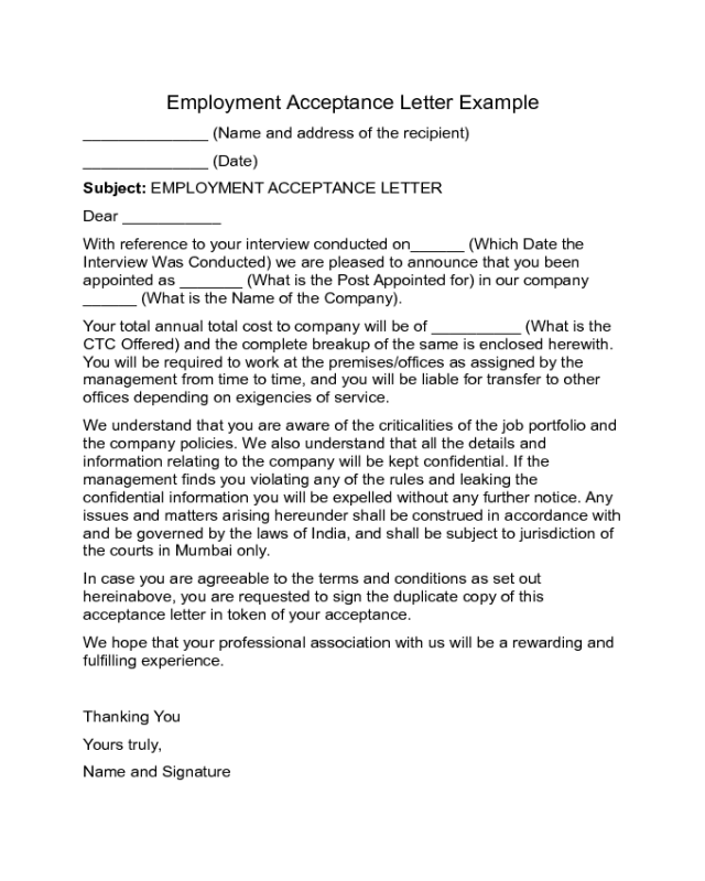 Employment Acceptance Letter Example