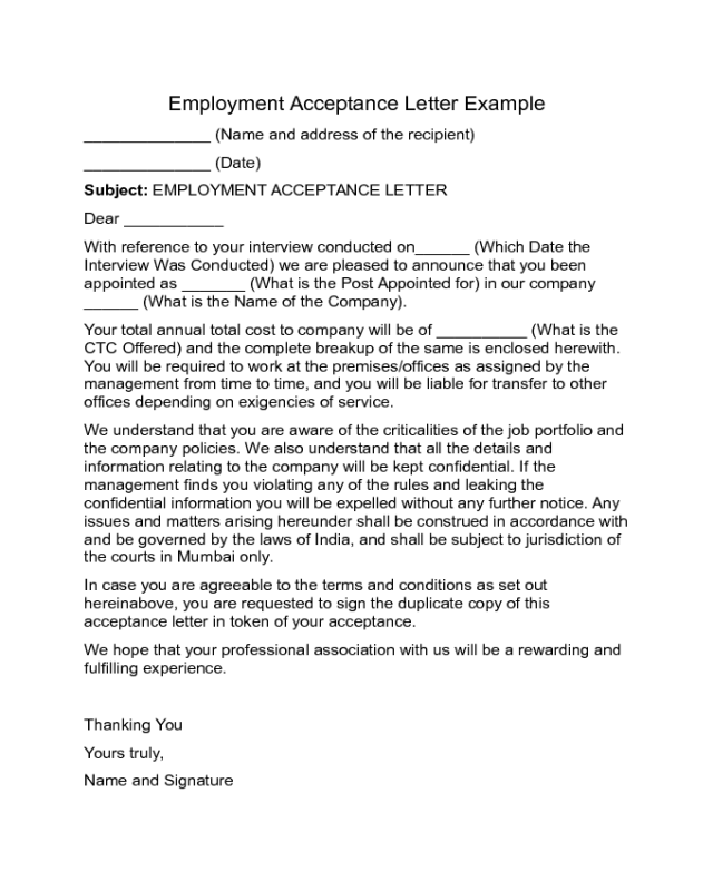 Employment Acceptance Letter Example Edit Fill Sign Online Handypdf