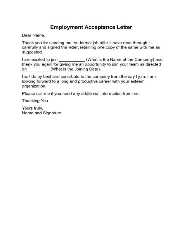 Employment Acceptance Letter Sample