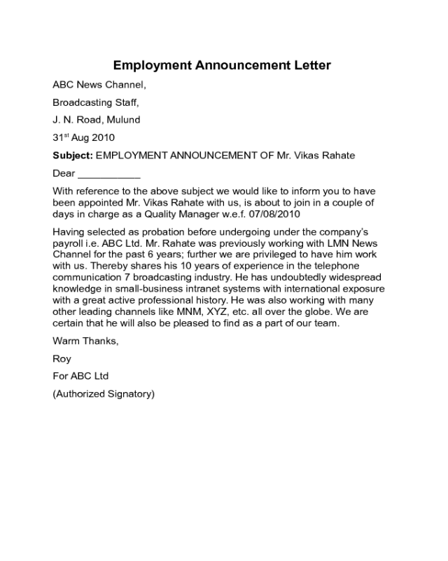 Employment Announcement Letter Sample