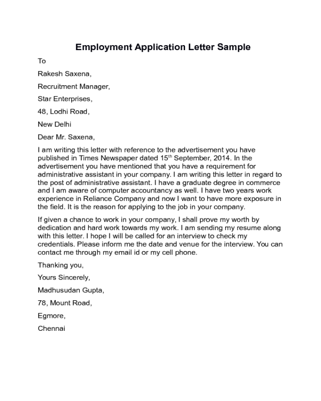 Employment Application Letter Sample