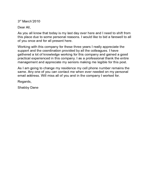 Farewell Letter to Colleagues Sample