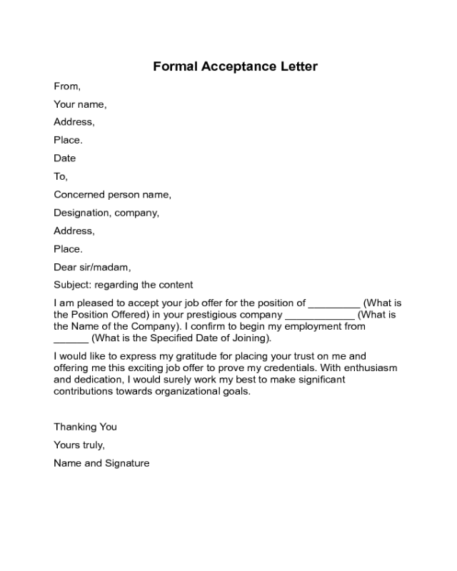 Formal Acceptance Letter Sample
