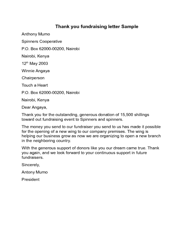 Fundraising Thank you Letter Sample