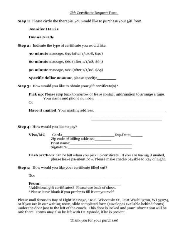 Gift Certificate Request Form