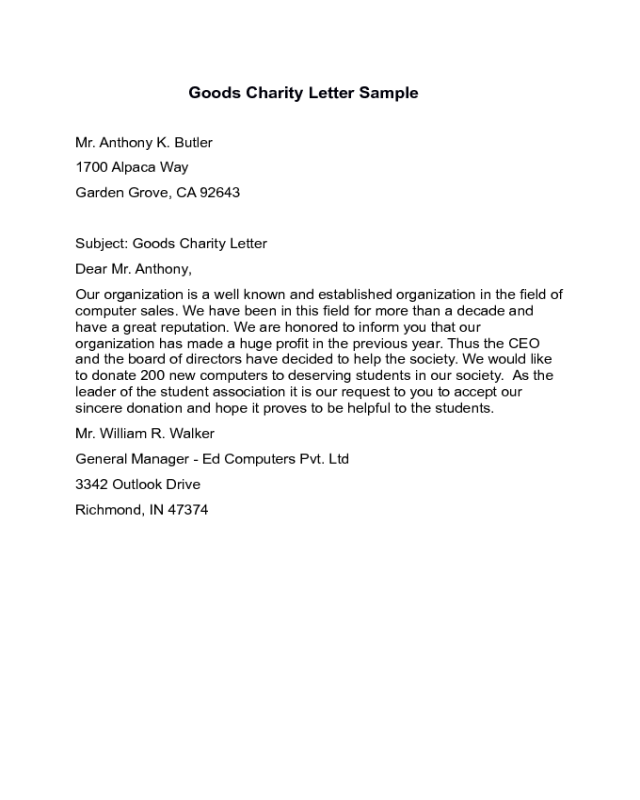 Goods Charity Letter Sample