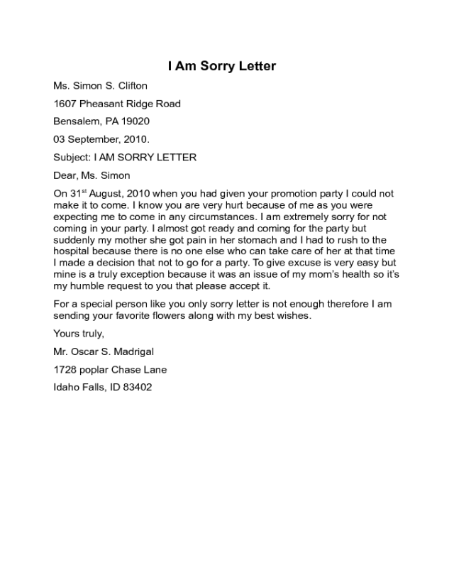 I Am Sorry Letter Sample