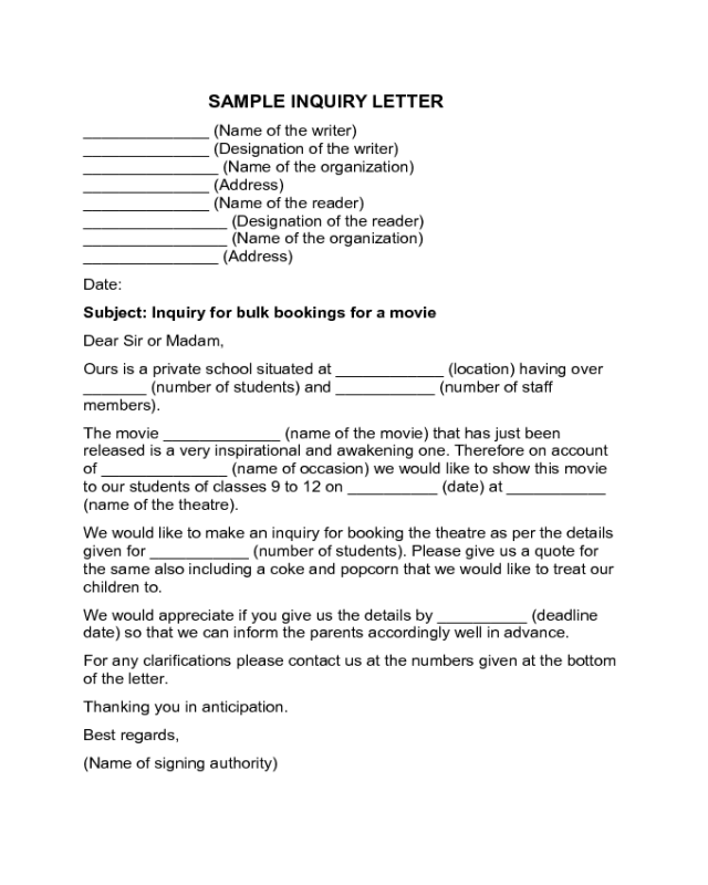Inquiry Letter Sample