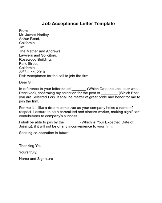 Job Acceptance Letter Sample