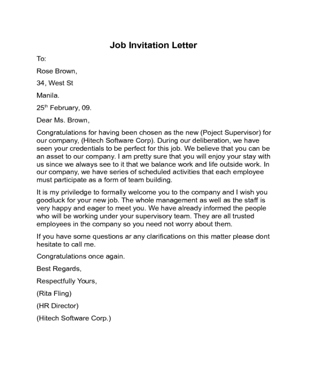 Job Invitation Letter Sample