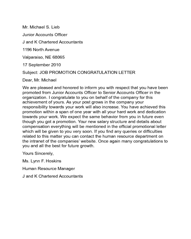 Job Promotion Congratulation Letter Sample