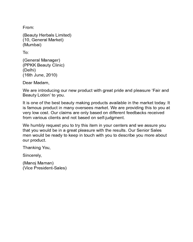 Letter for introducing a Product for Sale Sample