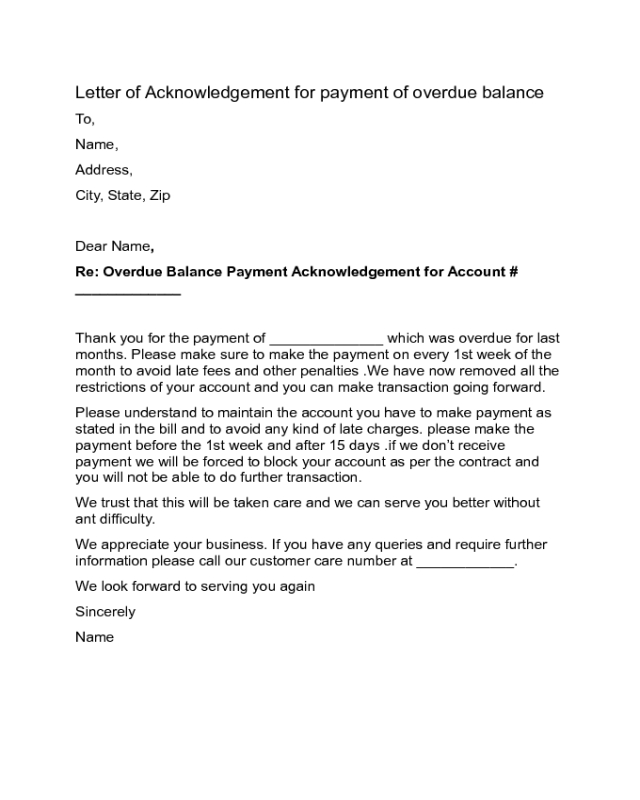 Letter of Acknowledgement for Payment of Overdue Balance