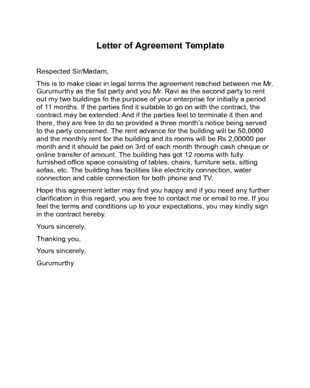 Letter Of Agreement Sample Edit Fill Sign Online Handypdf